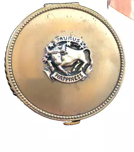 Evans Vintage 1940's Zodiac Taurus Brass Powder Compact Powder Puff & Screen - Picture 1 of 4