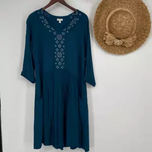 Garnet Hill Embroidered Boho Drop Waist Dress SZ 8 V-Neck Casual Pockets Teal - Picture 1 of 16