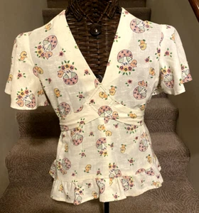 Vintage Boho Peasant Blouse Top Happy Mushrooms Tie Back Size Med - Picture 1 of 9