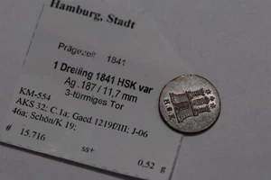 🧠🇩🇪 GERMANY HAMBURG 1 DREILING 1841 HSK SILVER SHARP DETAILS B79 #5885 - Picture 1 of 3