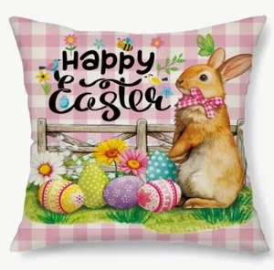 Bunny Eggs Gingham Flower Spring Easter Throw Pillow Cover Holiday Home Decor - Picture 1 of 5