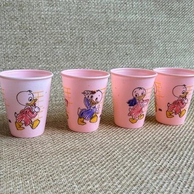 Vintage Disney Huey Dewey Louie Pink Plastic Cups Set of 4 Pajamas 1970s–80s - Image 1 of 4