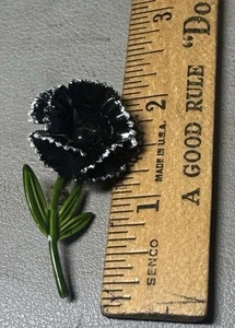 Brooch black color metal floral and green leaves and stem - Picture 1 of 2