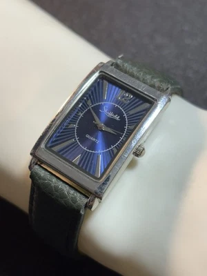 Sheffield Мужская серебристого тона прямоугольник бак часы, синий циферблат, зеленый ремешок, новый бита - Изображение 1 из 4