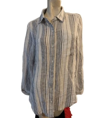 Camisa de lino Athleta para mujer talla mediana azul a rayas túnica con botones playa hipster  Foto 1 de 4