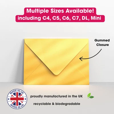 ALL SIZES Gold Coloured Gummed Greeting Card V Flap Envelopes Party Crafts