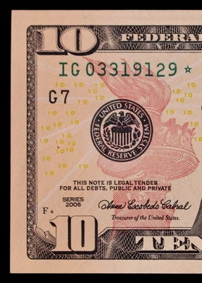 Tough $10 2006 Star Federal Reserve Note IG03319129* ten dollar, Chicago, 128K - Image 1 of 3