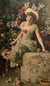 FRANCESCO VINA Original Estampado Vintage 1890 Mujer En Flor Jardín ENMARCADO - Imagen 1 de 16