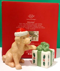 LENOX HOLIDAY DOG & PRESENT Salt & PEPPER Set - Christmas sculptures - NEW n BOX - Picture 1 of 9