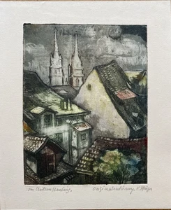 Karl Pflüger (1884-1974) Basel, vom Unteren Heuberg. Farbradierung. Handsigniert - Bild 1 von 6