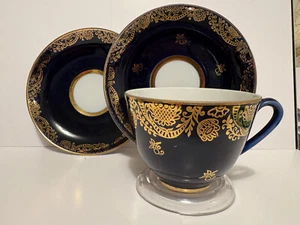 Lomonosov Cobalt & Gold, Teacup & 2 Saucer Set - Picture 1 of 20