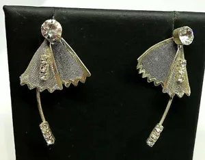 Vintage Silver Metal Veil Diamante Crystal Drop Dangle Earrings 1980' - Picture 1 of 4