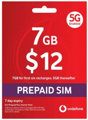 Vodafone $12 Prepaid Mobile SIM Card, Starter Pack, 4G 5G, Nano, Micro, Roaming - Image 1 of 2
