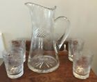 Vintage Etched Crystal Large Water Pitcher W/ 4 Glasses 