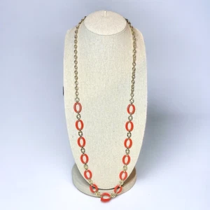 Enameled Salmon Coral Pink Link Necklace 39" Gold Tone Chain Jewelry Ovals - Picture 1 of 4