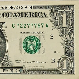 Five of a Kind 7s Fancy Serial Number One Dollar Bill C72277767A DC Trinary - Picture 1 of 8