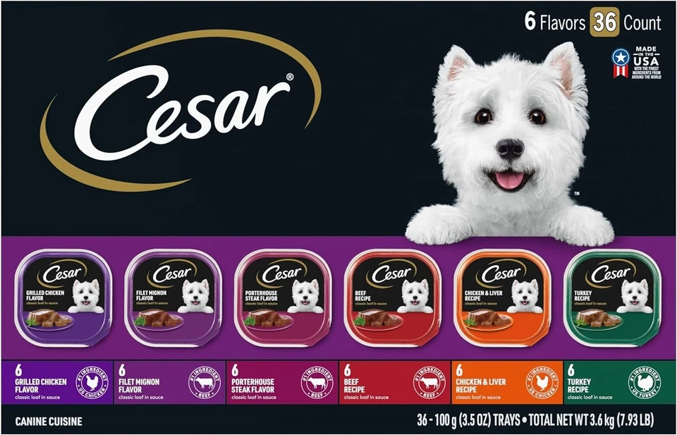 Cesar Classic Loaf in Sauce (Grilled Chicken, Filet Mignon, Porterhouse Steak, Beef, Chicken and Liver, Turkey) Wet Dog Food - 3.5oz (Pack of 36 Trays)