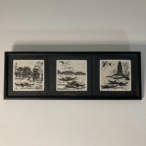 Framed Asian Ink Wash Paintings x3 – Boats, Bridge & Pagoda – 17x48cm - Picture 1 of 9