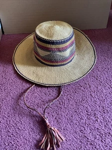 Hand Made Straw Hat West African Bolga Braided Leather Chin Strap w Tassel Large - Picture 1 of 6