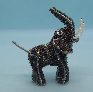 Beaded Elephant Wire Metal Iridescent Figurine Handmade Small Trunk Up Goodluck - Picture 1 of 6