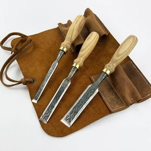 Carving Chisel Set – Hand-Forged Steel, Ash Handles, Leather Roll, 3-Piece - Picture 1 of 12