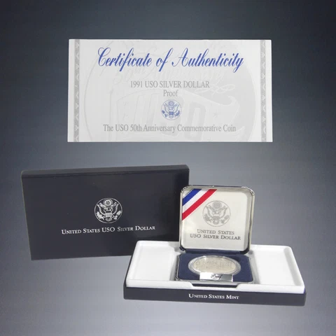 1991-S US MINT THE USO 50TH ANNIVERSARY SILVER $1 DOLLAR PROOF COIN W/BOX+COA Cover