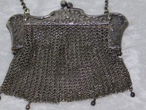 Atq Victorian Repousse German Silver Chain Mail Mesh Handbag Coin Purse
