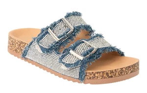 KARAUSA Fashion Rhinestone 2 Buckles Cork Denim Slides Sandals - Picture 1 of 3