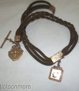 ANTIQUE VICTORIAN MOURNING WOVEN HAIR VEST POCKET WATCH CHAIN & GF LOCKET FOBS - Picture 1 of 24