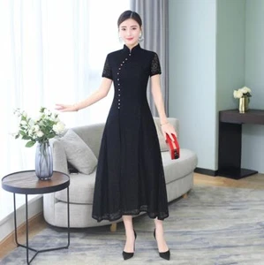 Nuovo Lussuoso Elegante Abito Lungo Cinese Pizzo Nero Pizzo Cinese Cheongsam Qipao lcdress77 - Foto 1 di 4