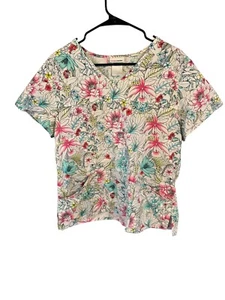 Scrubstar Women's Short Sleeve V Neck Scrub Top Floral 100% Cotton Size Large - Picture 1 of 7