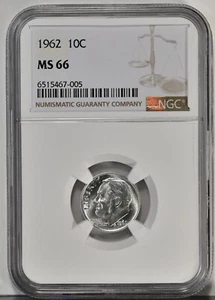 1962 10C Roosevelt Dime Coin NGC MS 66 Bright Shine 5124 Bright White - Picture 1 of 2