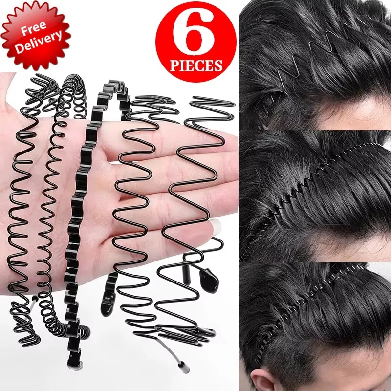 6 pcs Metal Waved Hair Bands Men Women Unisex Black Head Hoop Sports Hairband