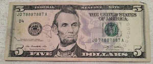 2009 $5 fancy serial number *78887887 - Picture 1 of 2