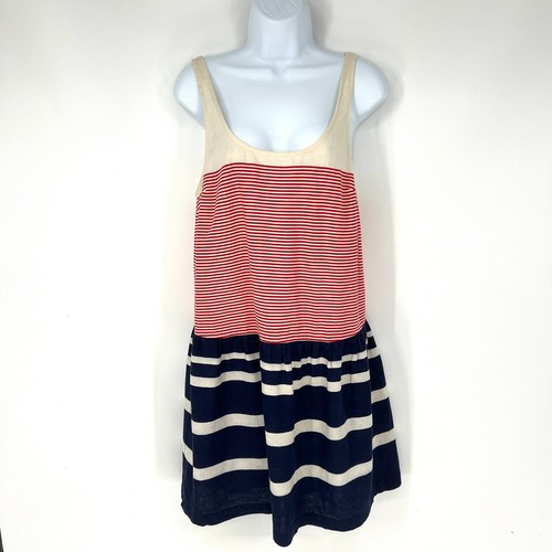 VETEMENTS Abito smanicato COINCIDENCE & CHANCE taglia M lino rosso bianco blu orlo peplo