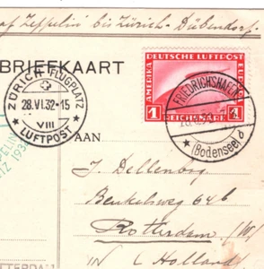 GERMANY Card GRAF ZEPPELIN 1m Air Mail *FAHRT SCHWEIZ* 1932 Rotterdam KZ130 - Picture 1 of 10