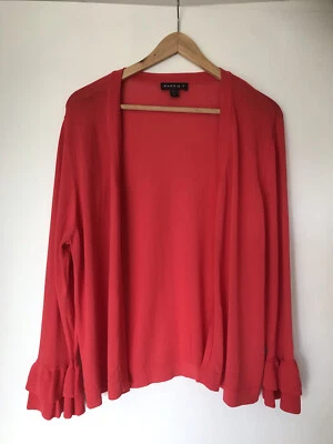 Maggie T, red soft long sleeve ruffled open front fine knit cardigan, size L - image 1 of 4
