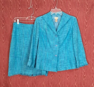 SIGRID OLSEN 2 Piezas Azul Teal Manga Larga Cuello Flecos Falda Traje Talla 6/10  Foto 1 de 4