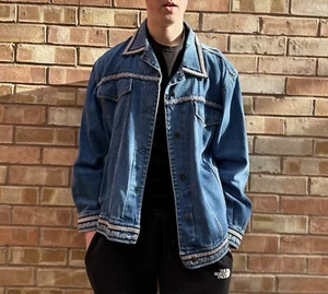 Women's Blue Denim Jacket Size XL Floral Cotton Button Jacket Coat Trucker Coat - Picture 1 of 5
