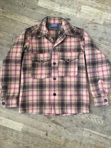 Vtg 60s 70s Pendleton Black Tan Wool Plaid Camp Shirt Jacket Mens M Hunting USA - Picture 1 of 12