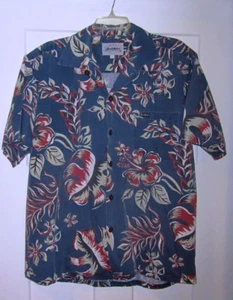 Vintage Local Motion Hawaiian Shirt Men LARGE Blue Floral Coconut Buttons Pocket - Picture 1 of 6