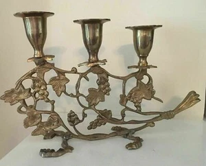 Vtg Brass Candelabrum Triple Candelabra Grapes Vines Leaves 3 Candle Holder Boho - Picture 1 of 12