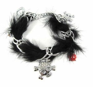 Black Fur Silver Tone Skull & Crossbones Charm Bracelet Halloween Jewellery (03) - Picture 1 of 1