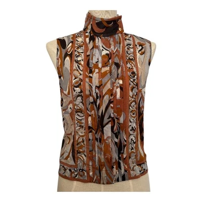 Blusa Emilio Pucci Vintage Seda Cuello Alto Sin Mangas Plisada Marrón Italia 42 Foto 1 de 4