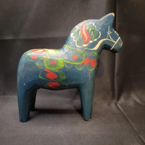 Dala Horse Wooden Blue 5" Tall Vintage Sweden - Picture 1 of 14
