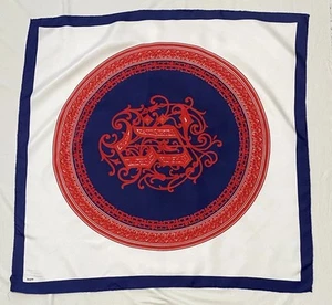 Bufanda vintage enrollada a mano BOGNER blanca de seda con logotipo y patrón barroco 34" PVGC - Imagen 1 de 4