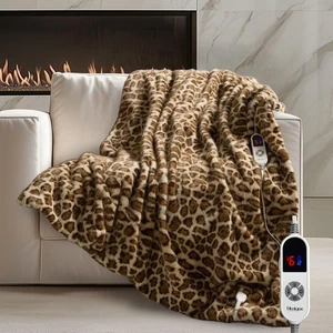 Luxury Faux Fur Heated Blanket Electric Throw - Leopard Print Ultra Soft Thic... - Picture 1 of 8