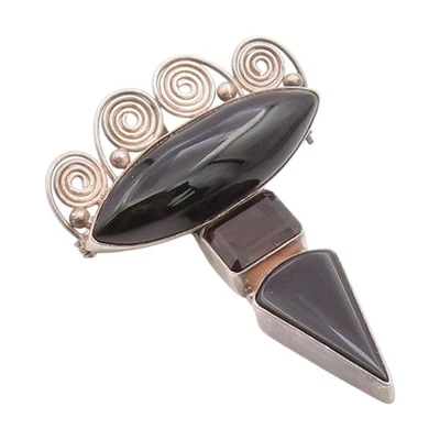 Broche vintage de plata de ley 925 SAJEN cuarzo ahumado y ónix remolino prendedor BP11955 Foto 1 de 4