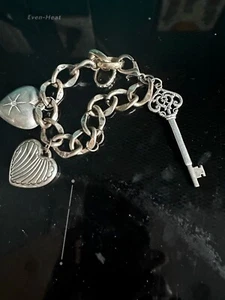 Sterling Silver Charm Bracelet – Key and 2 Heart Charms, Elegant Jewelry Gift - Picture 1 of 4