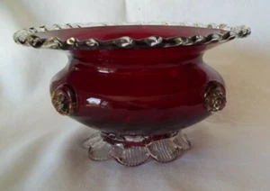 Vintage Hand Blown Cranberry & Clear  Art Glass Pedestal Bowl Candy Dish 7" x 4" - Bild 1 von 10